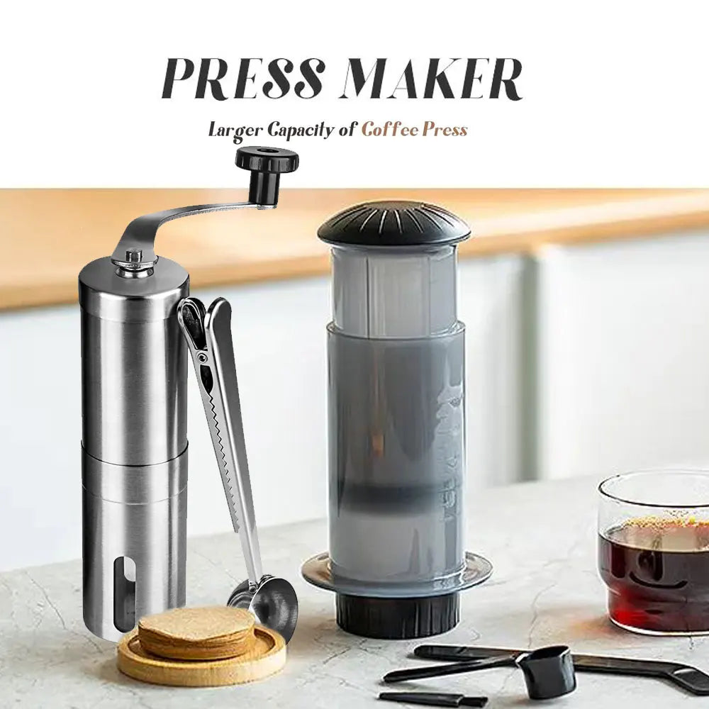 Portable press-style coffee maker, 300ml capacity, made from PP material, shown with optional hand g (view 7)