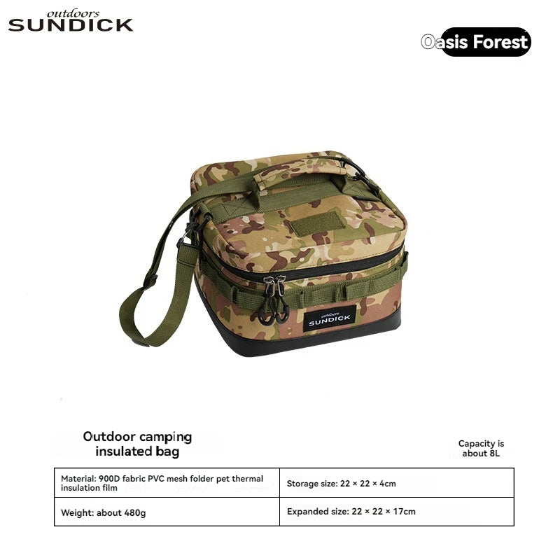 Large polyester picnic ice bag in khaki color, shown open with space for food and drinks (view 6)