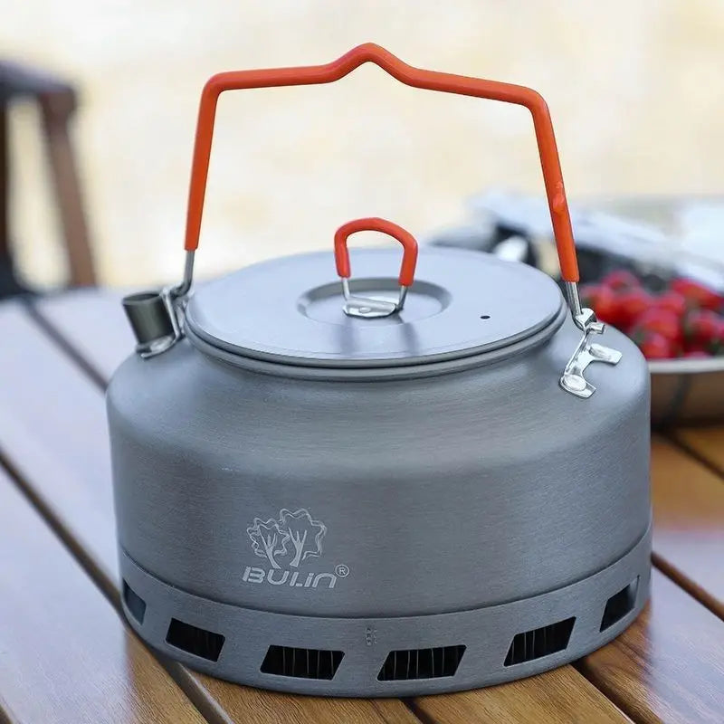 Two aluminum alloy camp kettles on a white background, one 1.1 liter and one 1.6 liter, with handles (view 2)