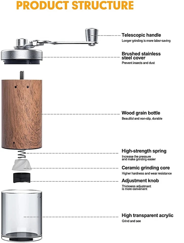 Portable stainless steel hand-crank coffee grinder with a wood grain finish (view 4)
