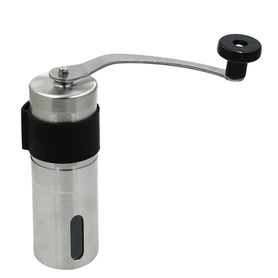 Portable stainless steel manual coffee grinder with handle and clear base (view 5)