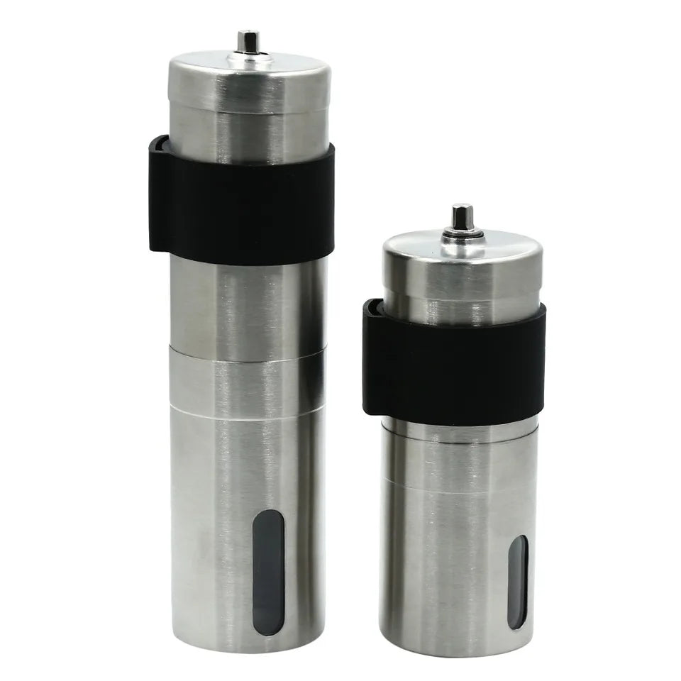 Portable stainless steel manual coffee grinder with handle and clear base (view 4)