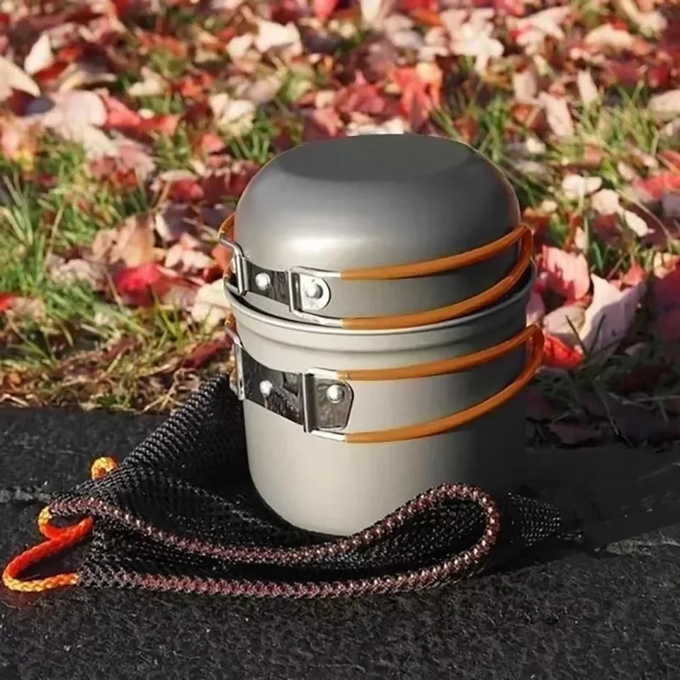 Hard aluminum alloy camping cookware set in orange and green, including pots and a frying pan, suita (view 2)