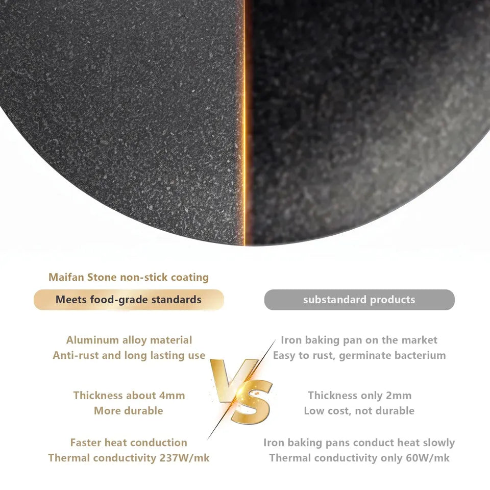 34cm round black aluminum alloy grill pan with a ridged cooking surface, shown on a camp stovetop (view 3)