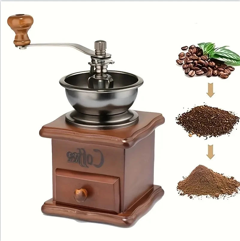 Wooden vintage-style hand-crank burr coffee grinder with a full bean hopper (view 7)