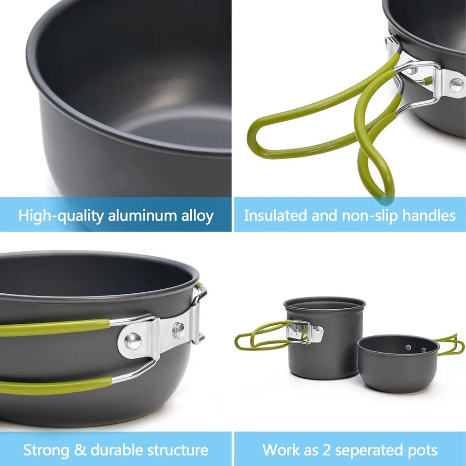 Ultralight camping cookware mess kit with pots, pans, and utensils for outdoor cooking (view 5)