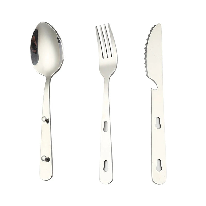 A 3-piece stainless steel folding utensil set, including a fork, spoon, and knife, displayed in thei (view 4)