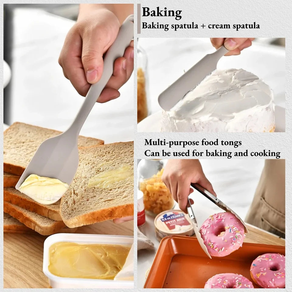 A 15-piece silicone kitchen utensil set in khaki, including spatulas, spoons, and a whisk, arranged (view 4)