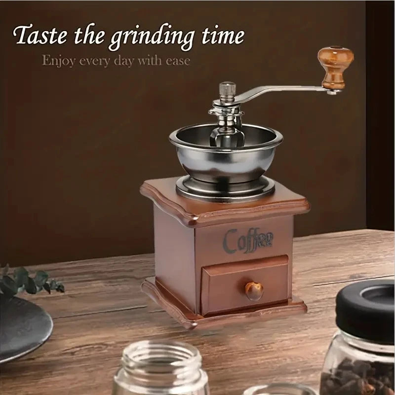 Wooden vintage-style hand-crank burr coffee grinder with a full bean hopper (view 2)