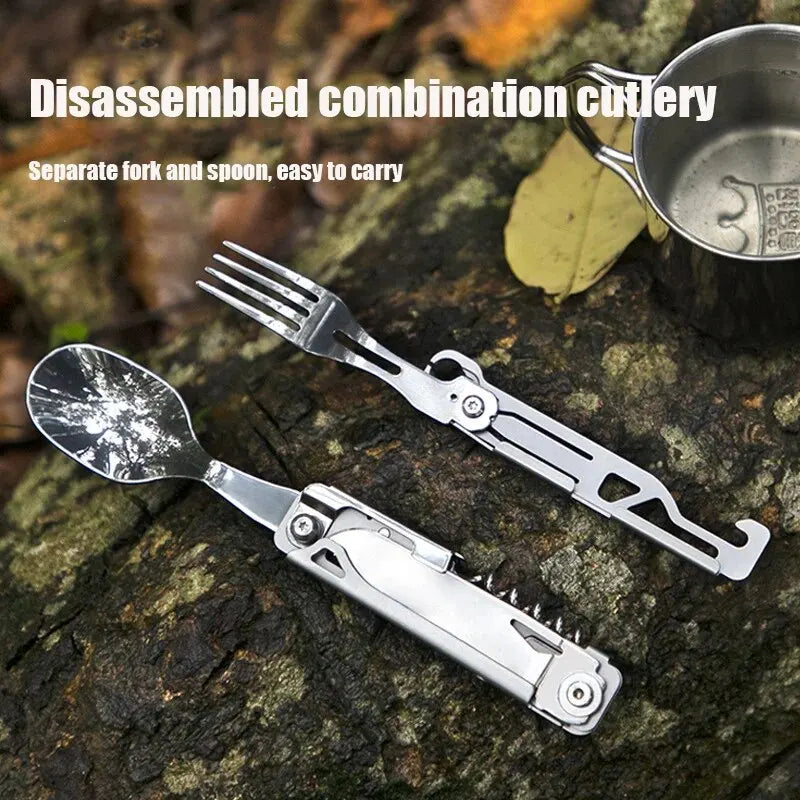 White stainless steel folding cutlery set, including a knife, fork, and spoon, shown in a compact fo (view 6)