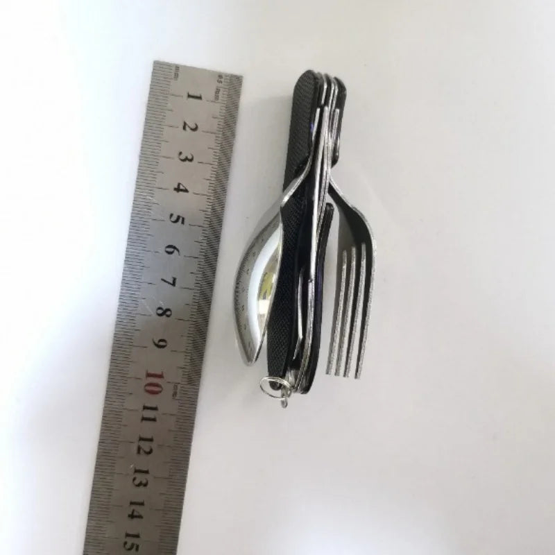 Folded stainless steel camping utensil set with black rubber handles (view 6)