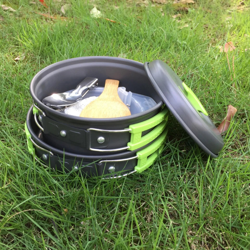 A 1.8L aluminum alloy camp cookware set in black, showing the pot and other components nested togeth (view 2)