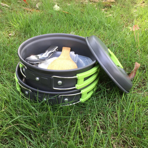 A 1.8L aluminum alloy camp cookware set in black, showing the pot and other components nested togeth (view 2)