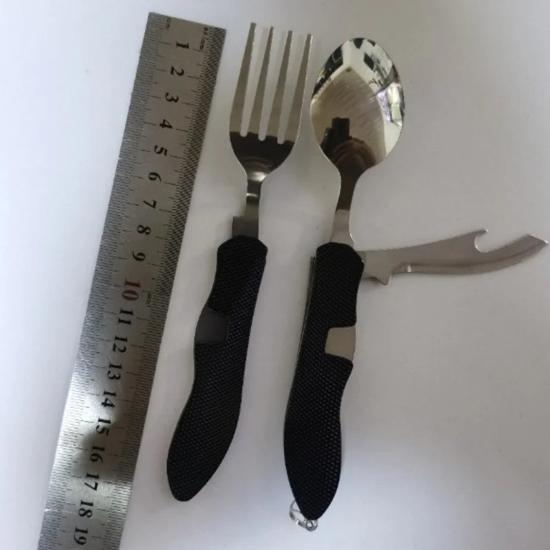 Folded stainless steel camping utensil set with black rubber handles (view 4)