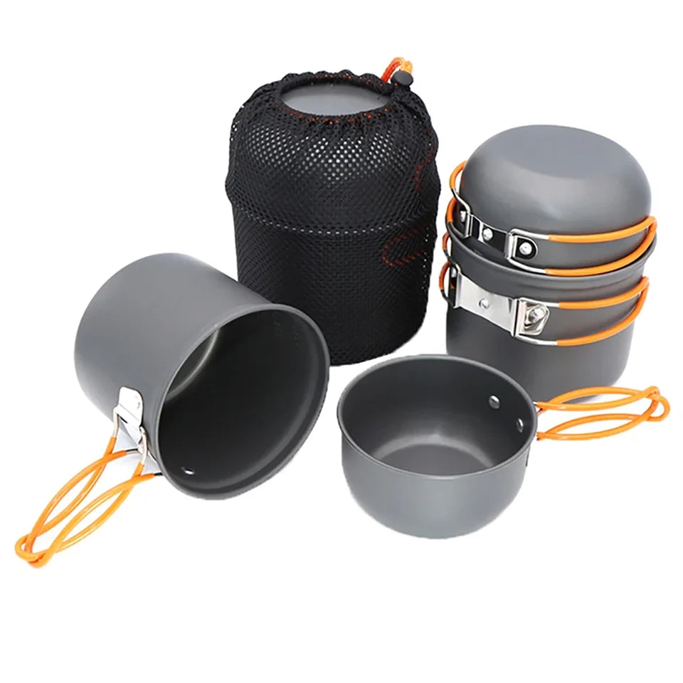 Hard aluminum alloy camping cookware set in orange and green, including pots and a frying pan, suita (view 3)