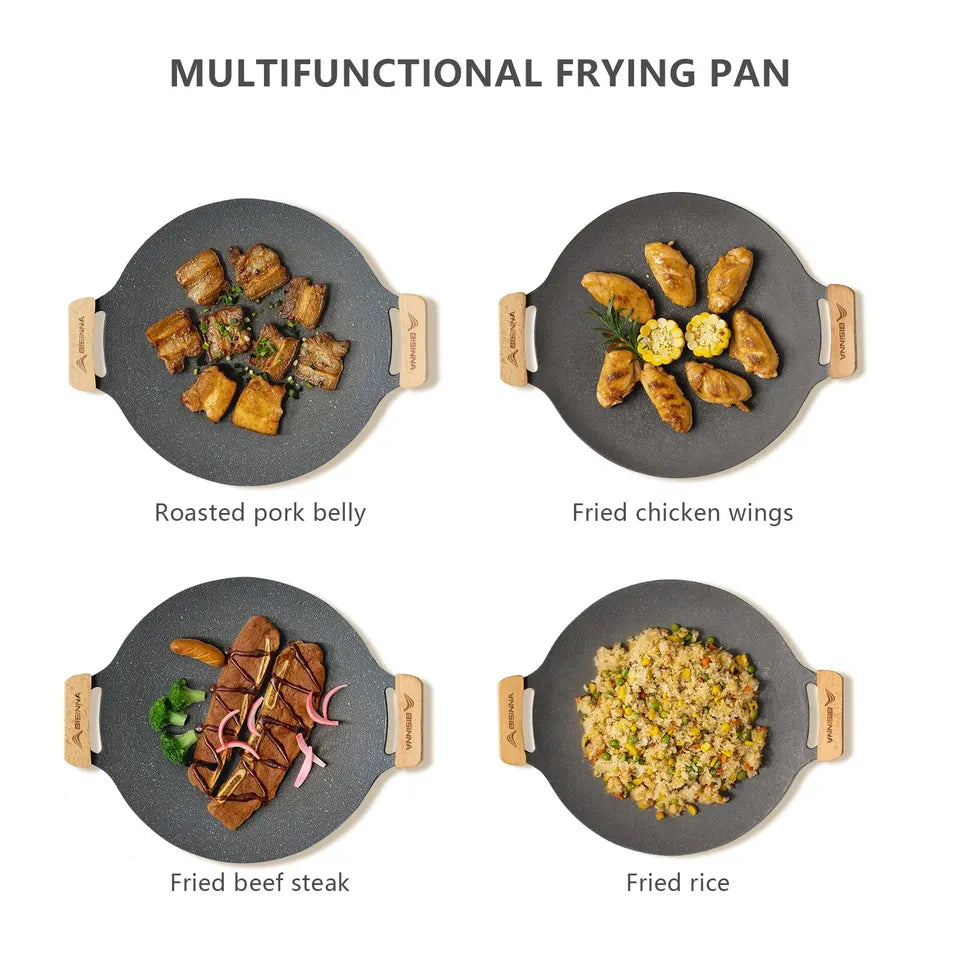 34cm round black aluminum alloy grill pan with a ridged cooking surface, shown on a camp stovetop (view 6)