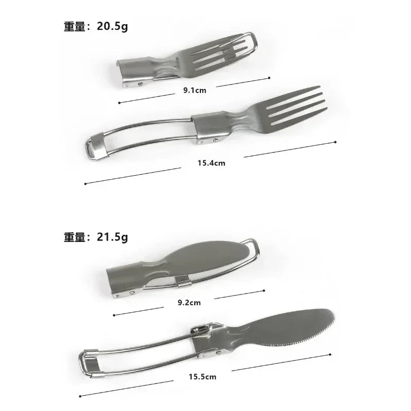 Foldable stainless steel camping fork, knife, and spoon set arranged for display (view 6)