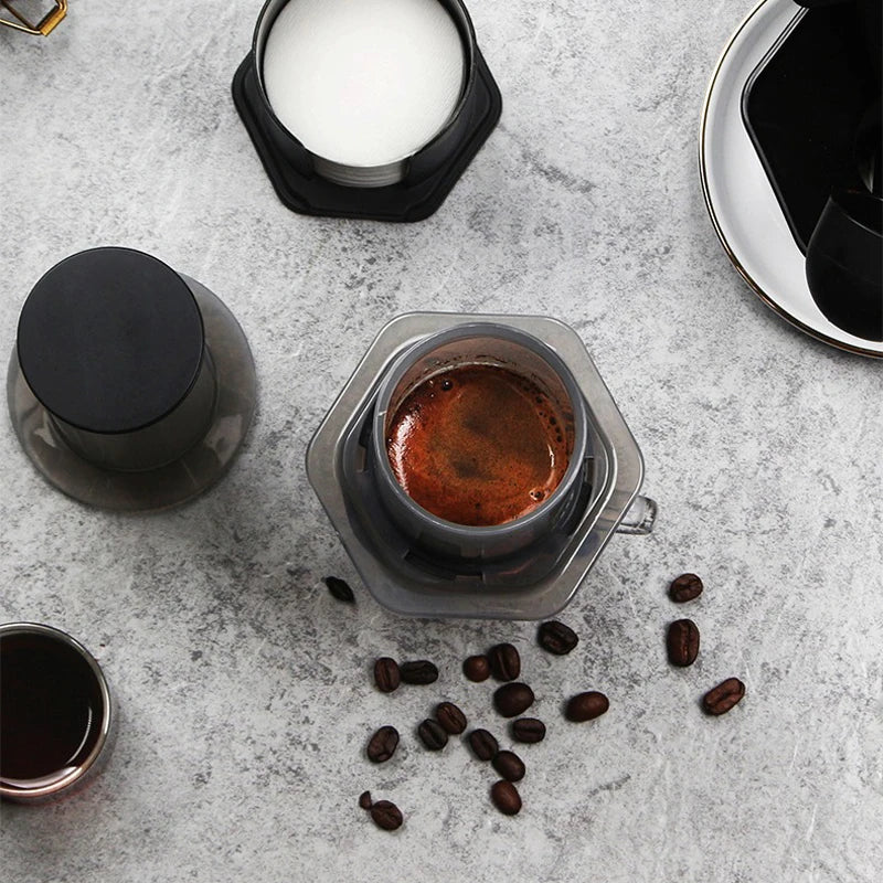Black manual plastic press-style coffee maker with paper filters (view 6)