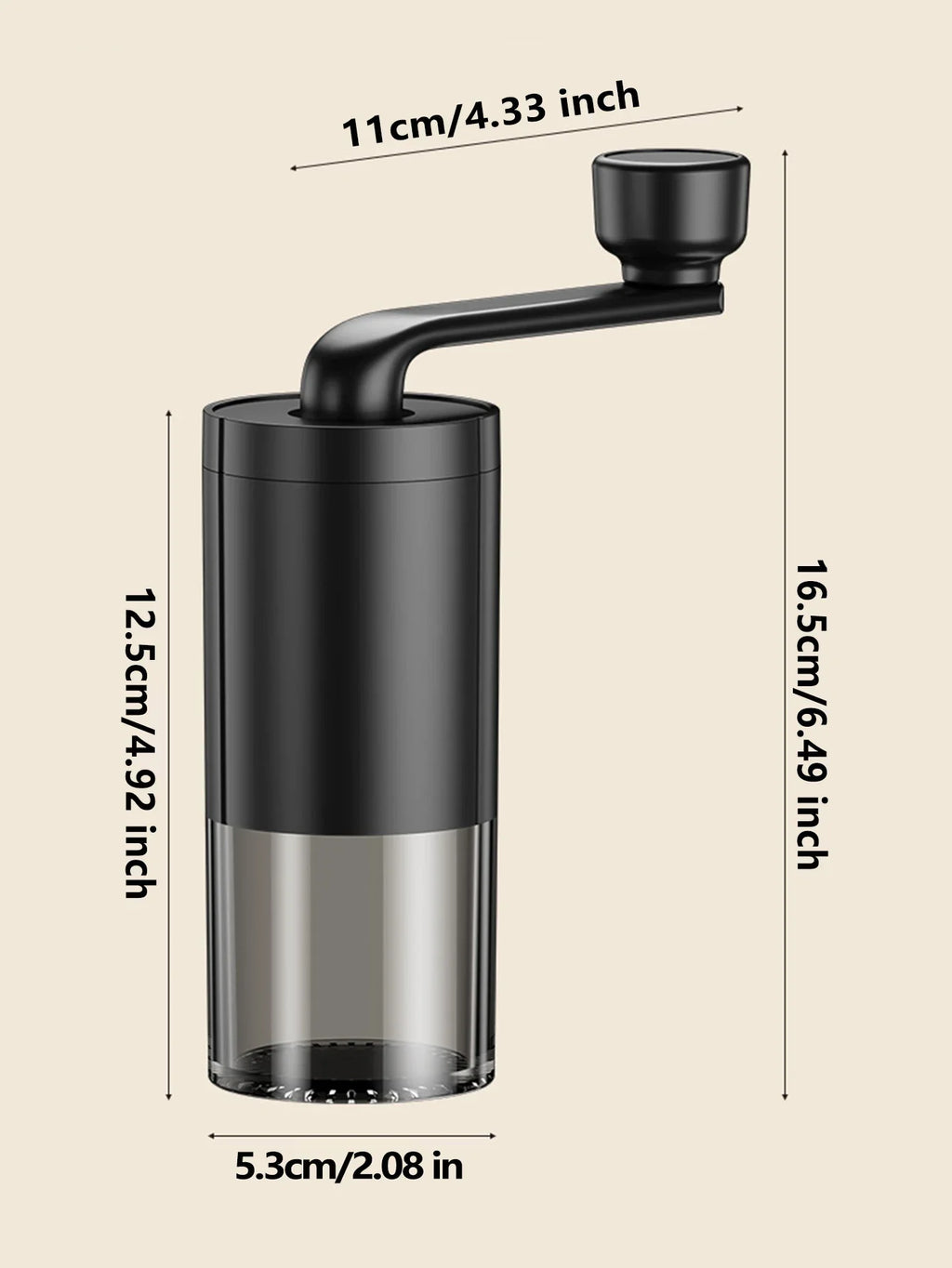 Vintage-style black manual coffee grinder with a hand crank (view 7)