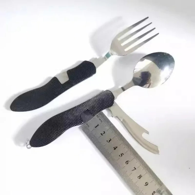 Folded stainless steel camping utensil set with black rubber handles (view 5)