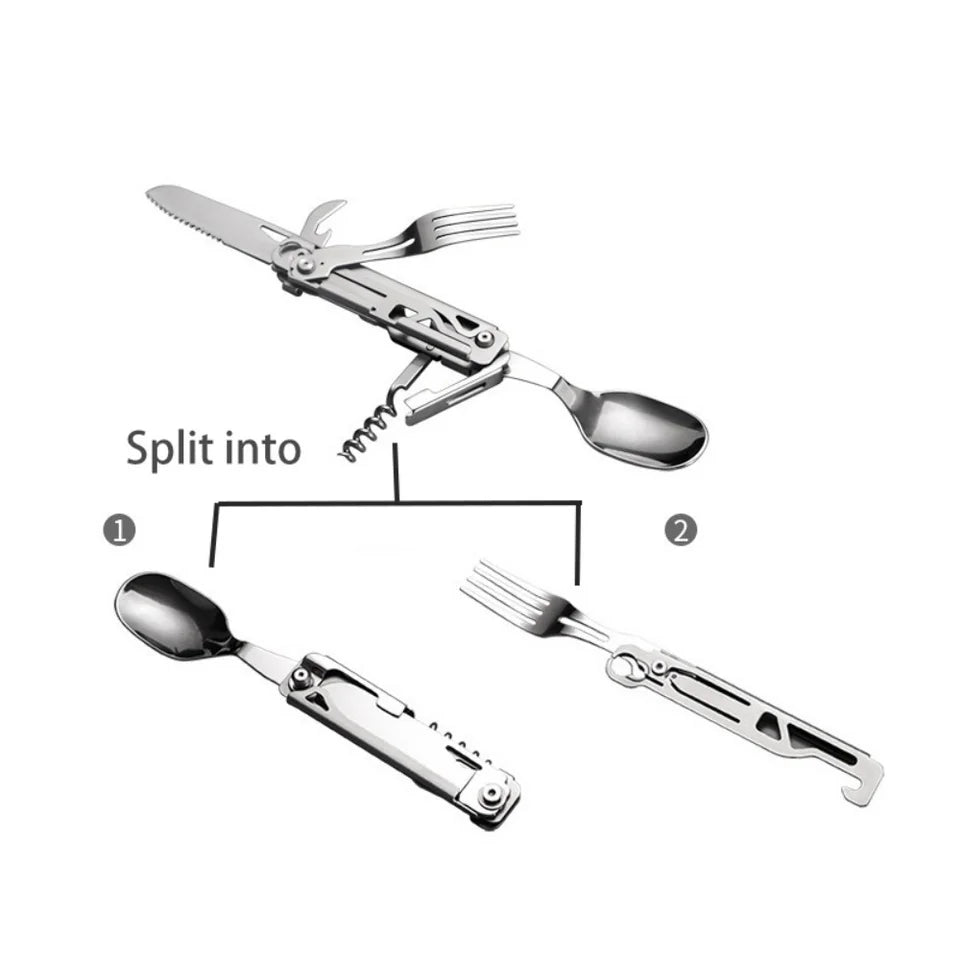 A single piece of silver stainless steel foldable cutlery, showing its compact folded form. (view 6)