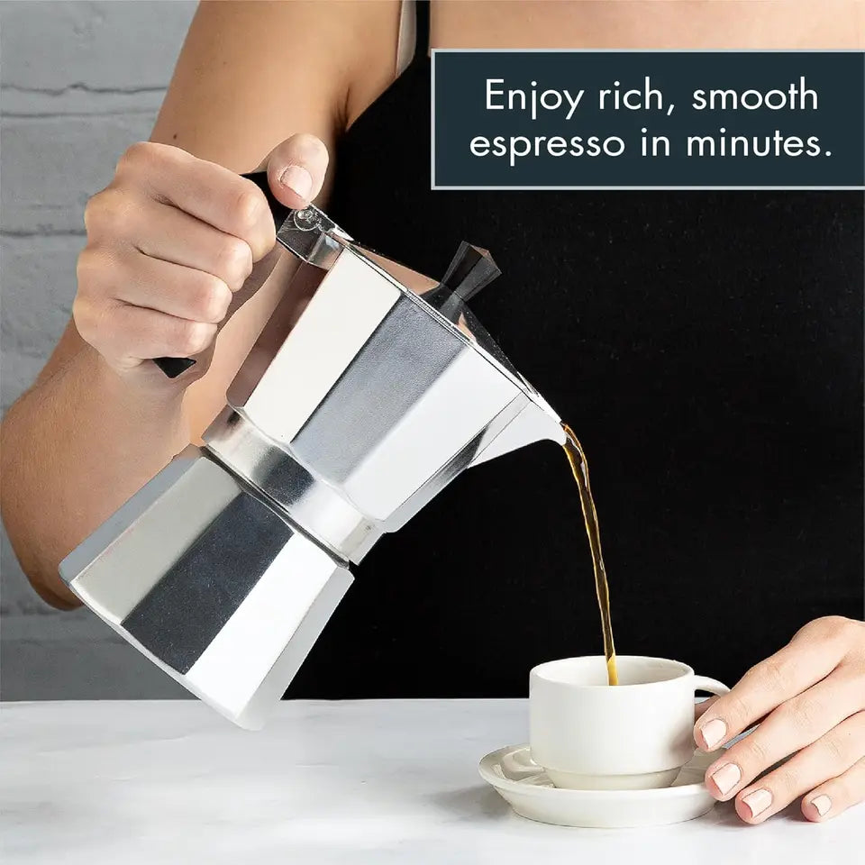 Several sizes of aluminum alloy stovetop coffee makers with black handles, suitable for camping and (view 6)