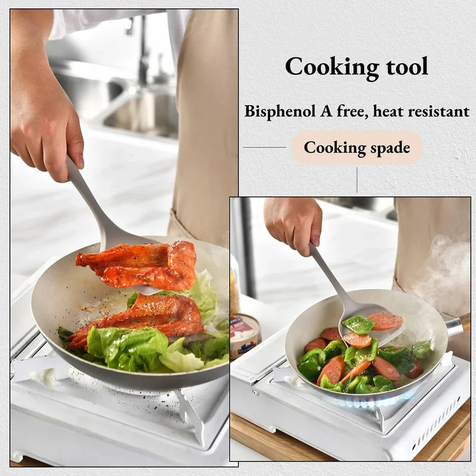 A 15-piece silicone kitchen utensil set in khaki, including spatulas, spoons, and a whisk, arranged (view 5)