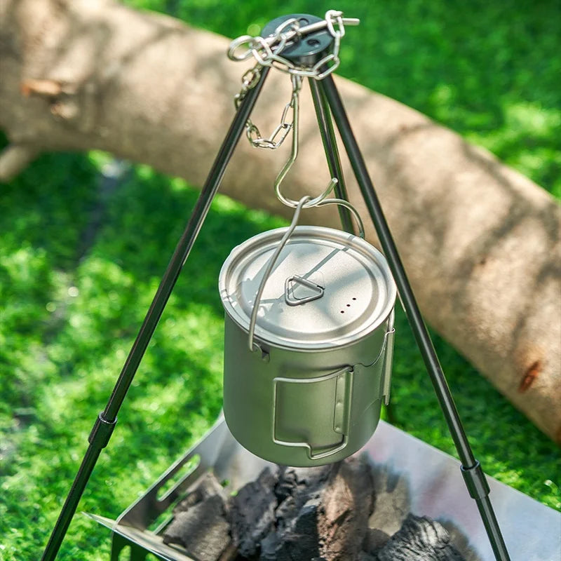 Titanium camp cookware set including a 750ml pot and two cups, displayed with folding handles and a (view 5)