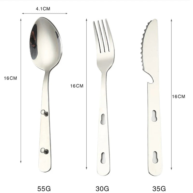 A 3-piece stainless steel folding utensil set, including a fork, spoon, and knife, displayed in thei (view 5)