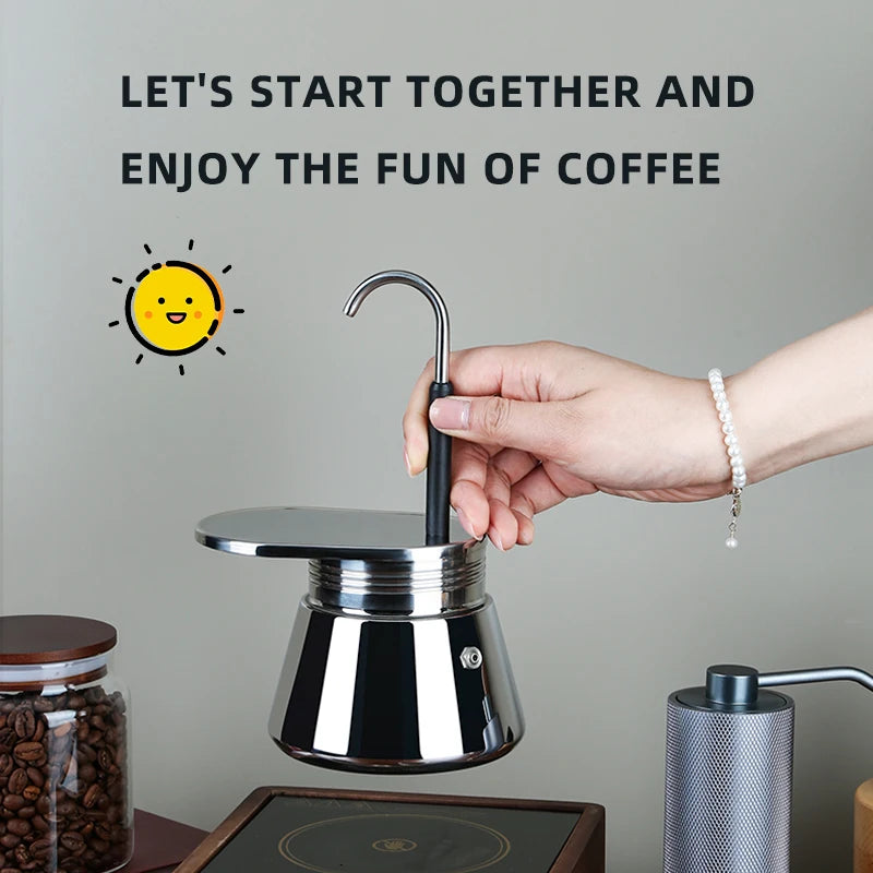 Aluminum French press coffee maker in a camp setting (view 2)