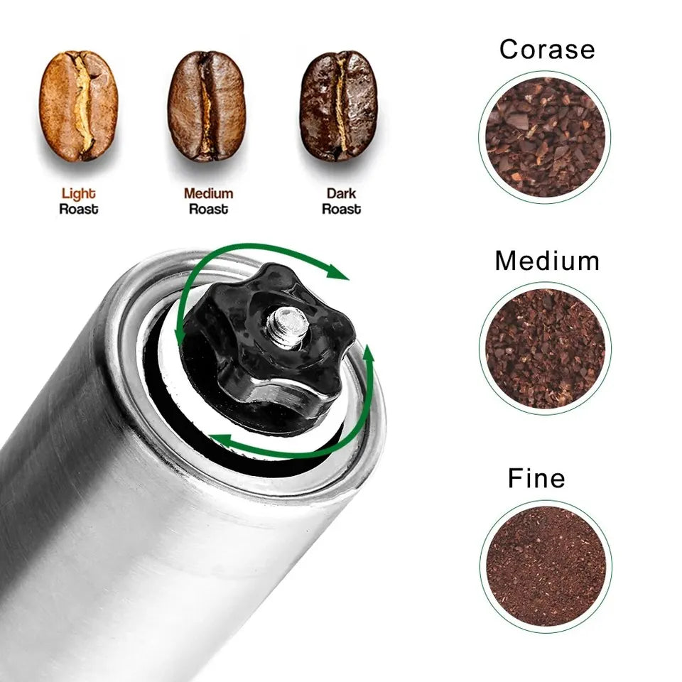 Portable stainless steel manual coffee grinder with handle and clear base (view 3)