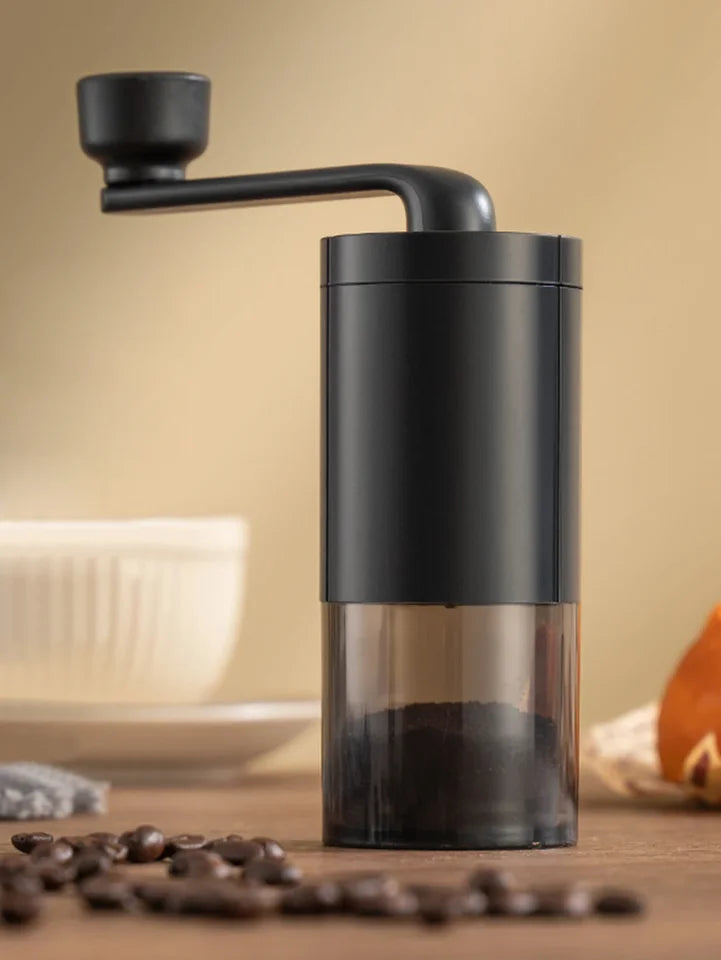 Vintage-style black manual coffee grinder with a hand crank (view 3)