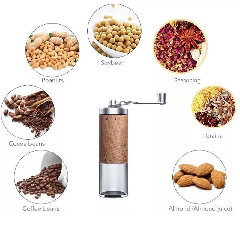 Portable stainless steel hand-crank coffee grinder with a wood grain finish (view 2)
