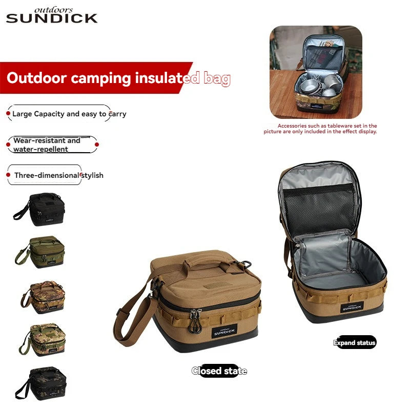 Large polyester picnic ice bag in khaki color, shown open with space for food and drinks (view 2)