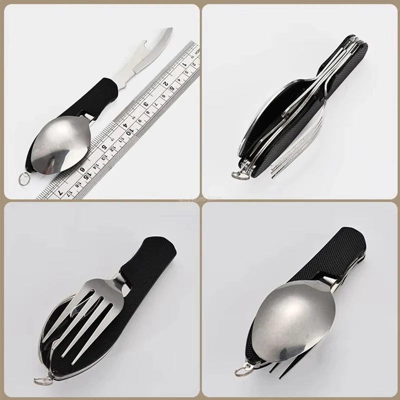 Folded stainless steel camping utensil set with black rubber handles (view 2)