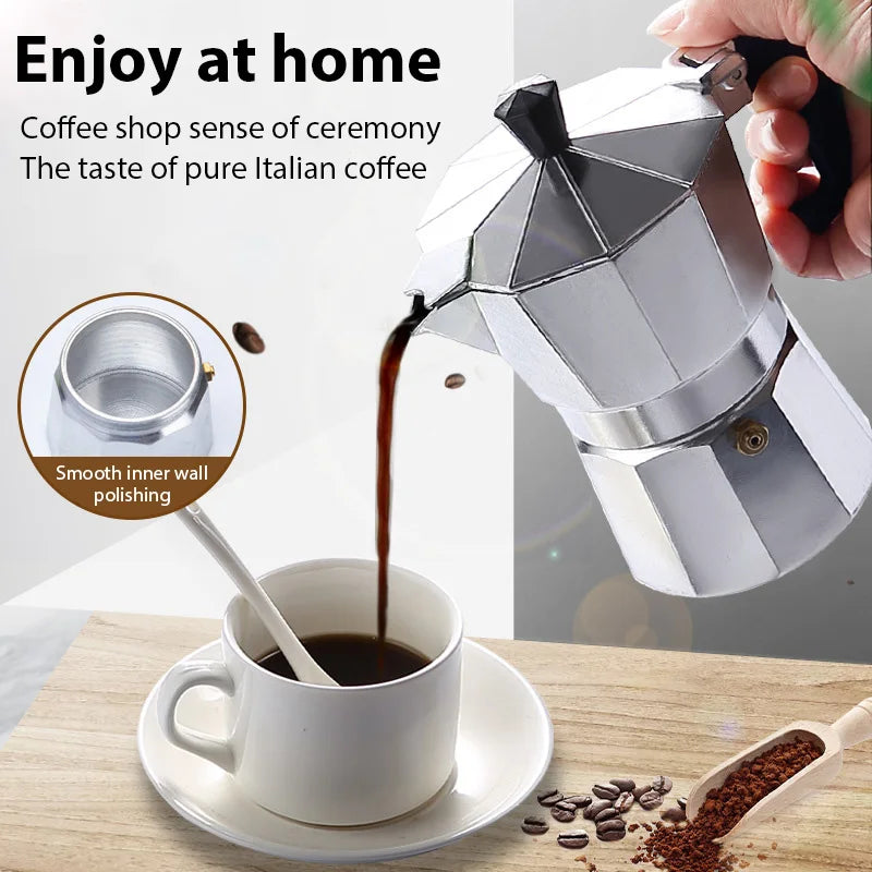 600ML aluminum octagonal moka pot on a white background, shown with its lid closed (view 3)