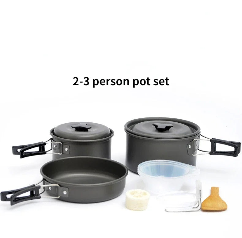 Aluminum alloy camping cookware set with pots and pans for 1-7 people, shown with a carrying bag. (view 4)