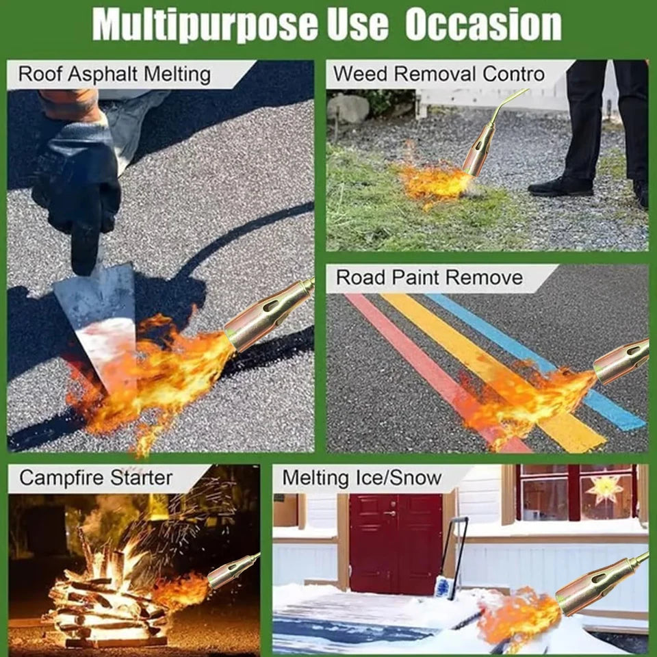 Close-up of a portable manual igniter with a gas hose attachment, shown in an outdoor setting (view 6)