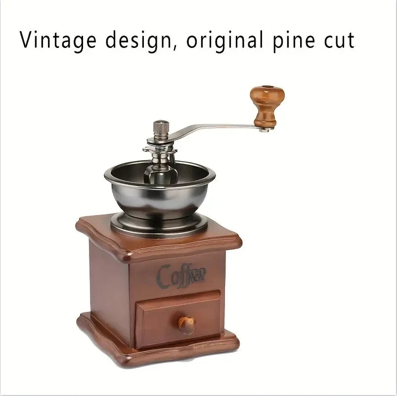 Wooden vintage-style hand-crank burr coffee grinder with a full bean hopper (view 5)