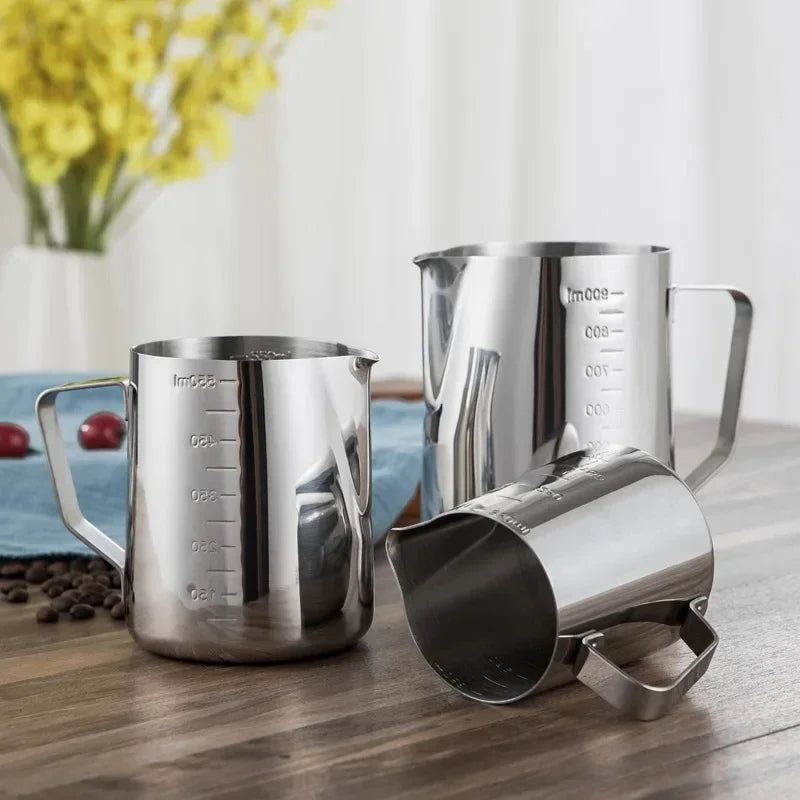 Stainless steel milk frothing pitcher with pointed spout and measurement scale (view 4)