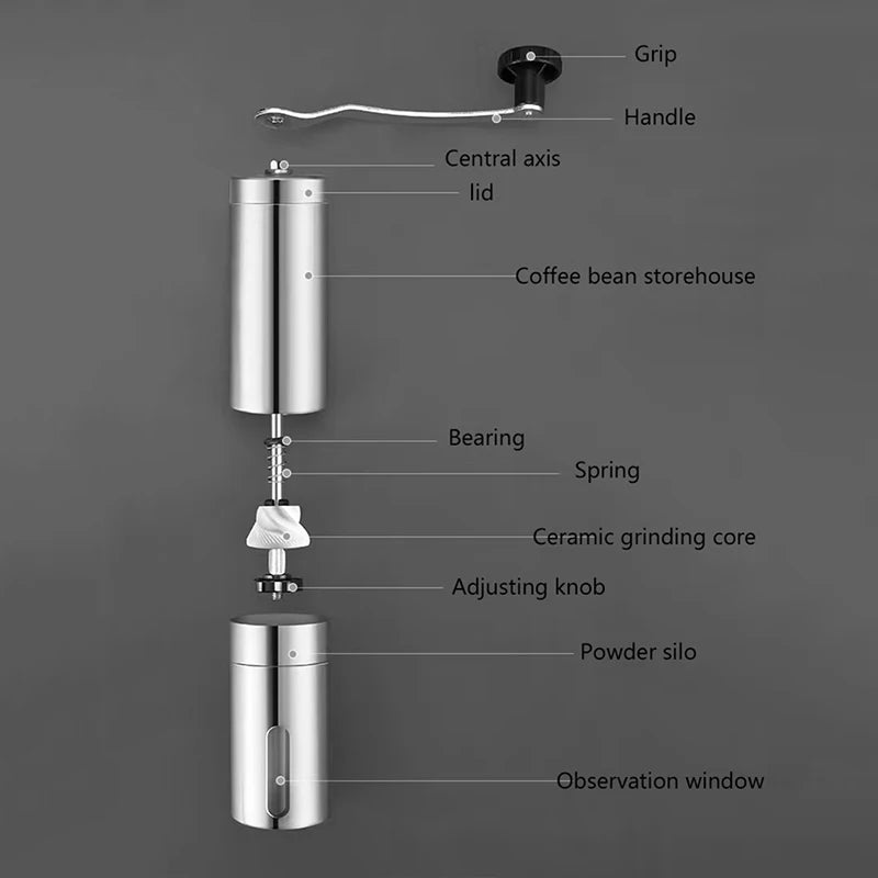 Portable stainless steel manual coffee grinder with a hand crank and adjustable ceramic burrs (view 5)