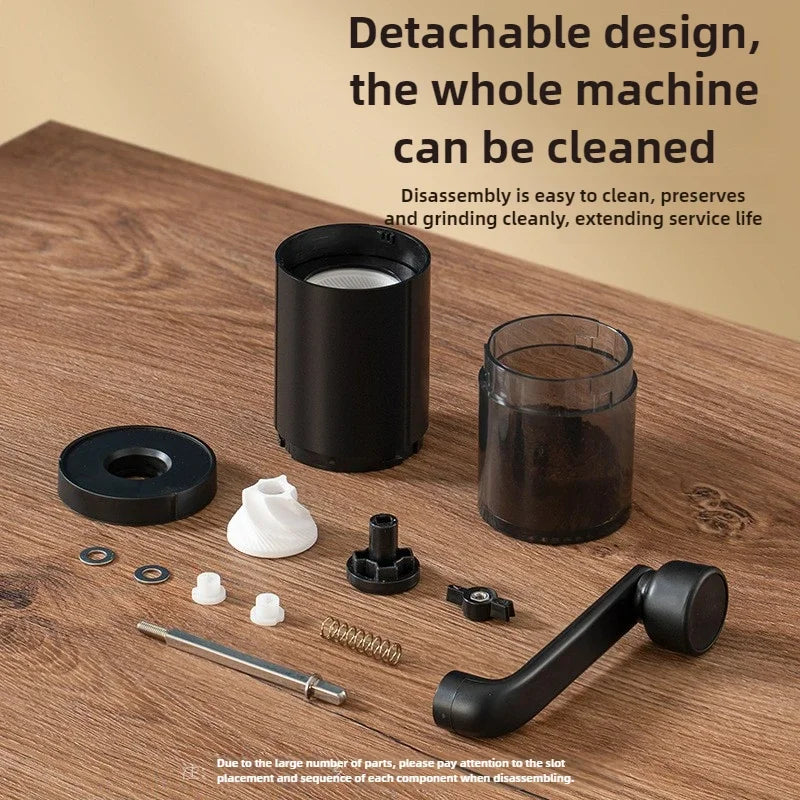 Black portable plastic hand crank coffee grinder with adjustable bearing for travel and home use (view 4)