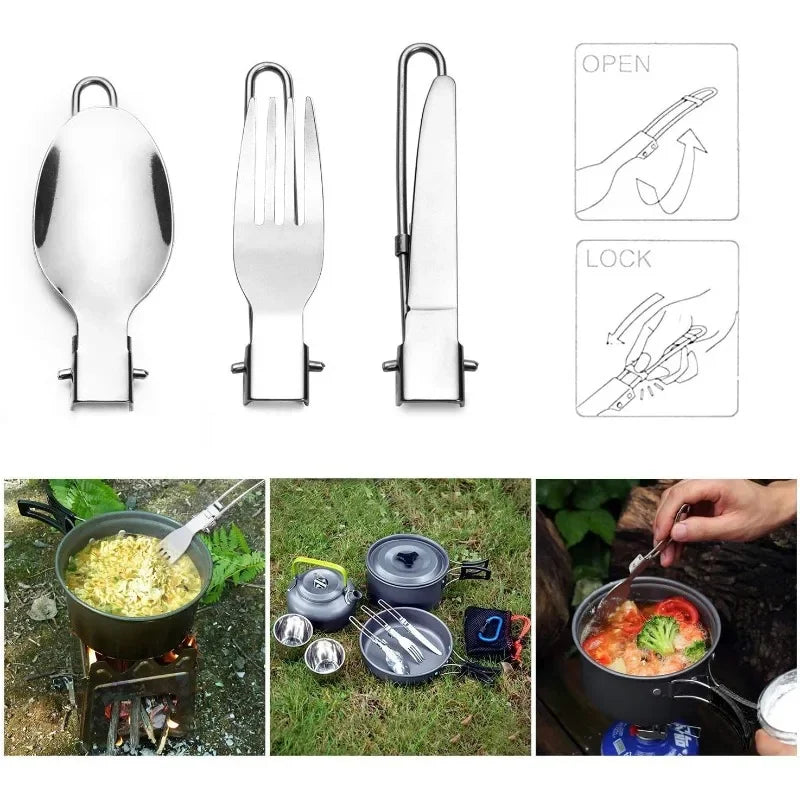 Foldable stainless steel camping fork, knife, and spoon set arranged for display (view 2)