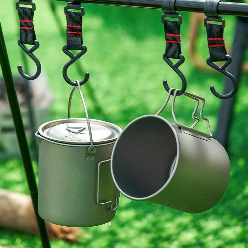 Titanium camp cookware set including a 750ml pot and two cups, displayed with folding handles and a (view 6)