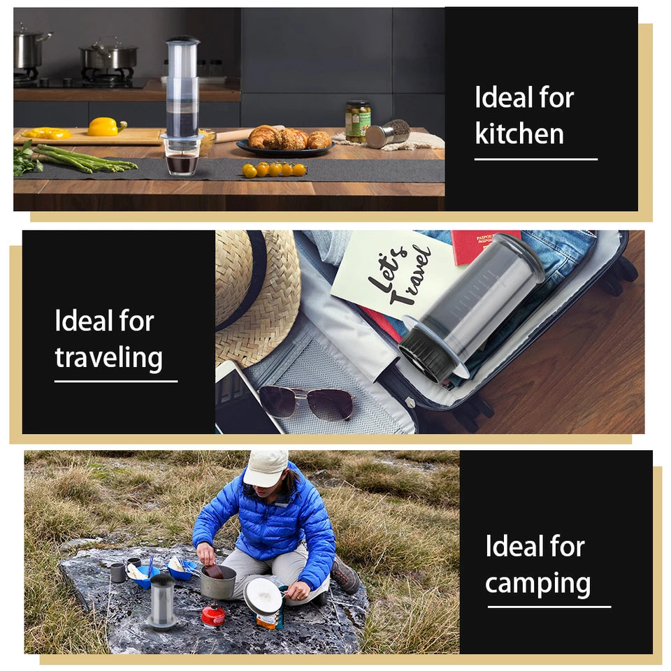 Portable press-style coffee maker, 300ml capacity, made from PP material, shown with optional hand g (view 4)