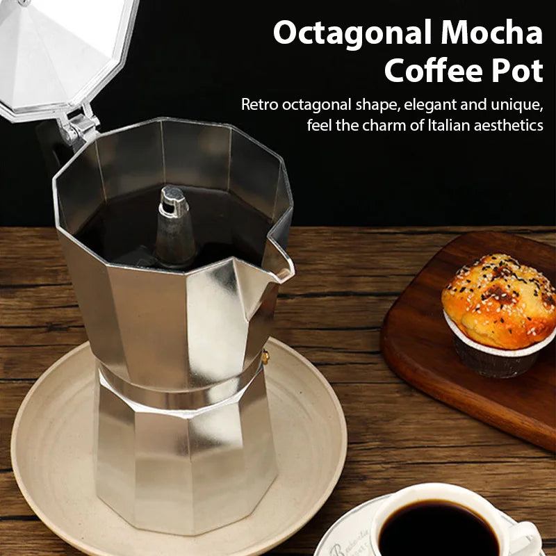 600ML aluminum octagonal moka pot on a white background, shown with its lid closed (view 2)