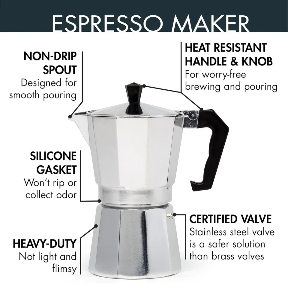 Several sizes of aluminum alloy stovetop coffee makers with black handles, suitable for camping and (view 2)