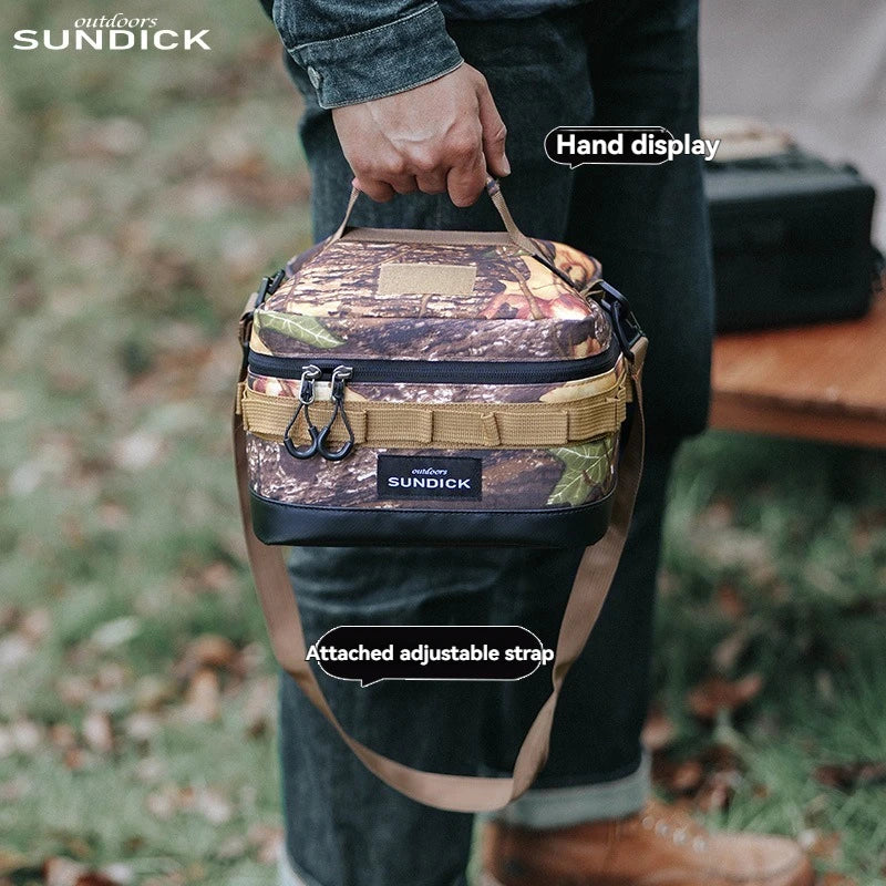Large polyester picnic ice bag in khaki color, shown open with space for food and drinks (view 4)