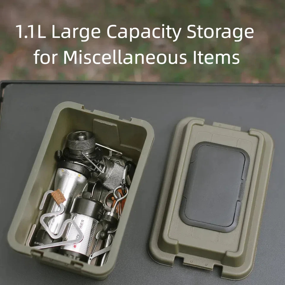 Plastic camp organizer in green, holding a roll of tissue and small seasoning bottles (view 2)