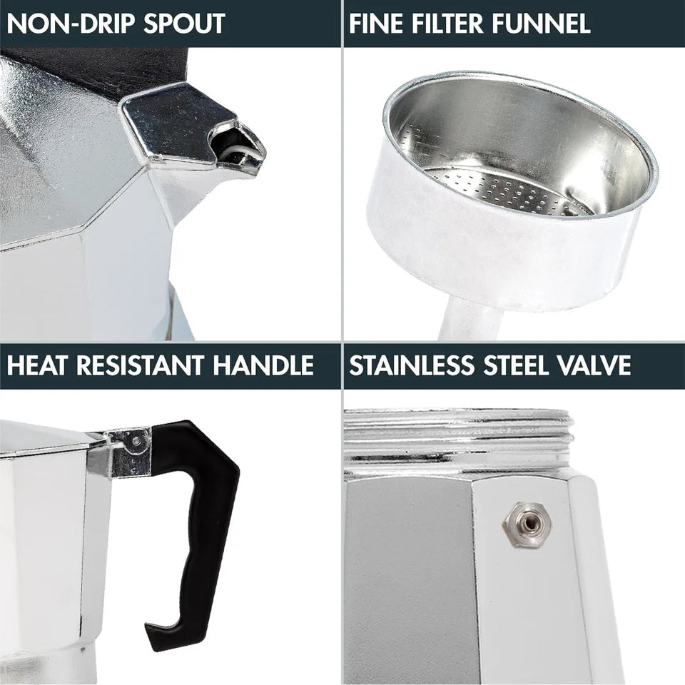 Several sizes of aluminum alloy stovetop coffee makers with black handles, suitable for camping and (view 4)